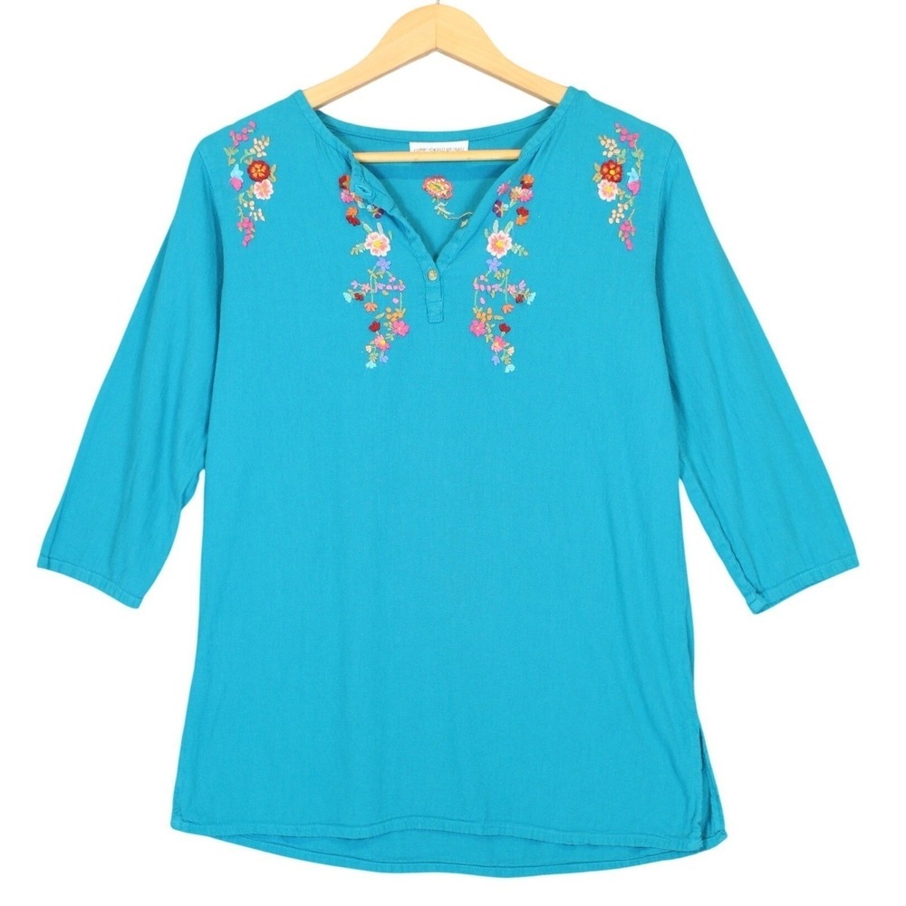 Embroidered Designs Handcrafted Floral Top Womens 3/4 Sleeve Teal Blue